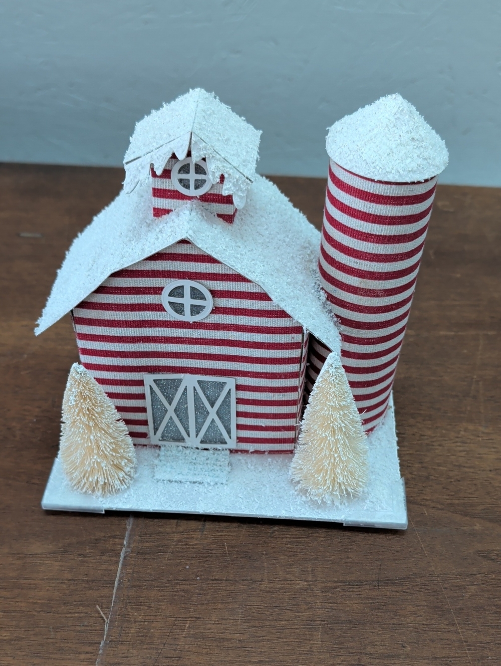 QVC Red & White Striped Snowy Holiday Barn Decor